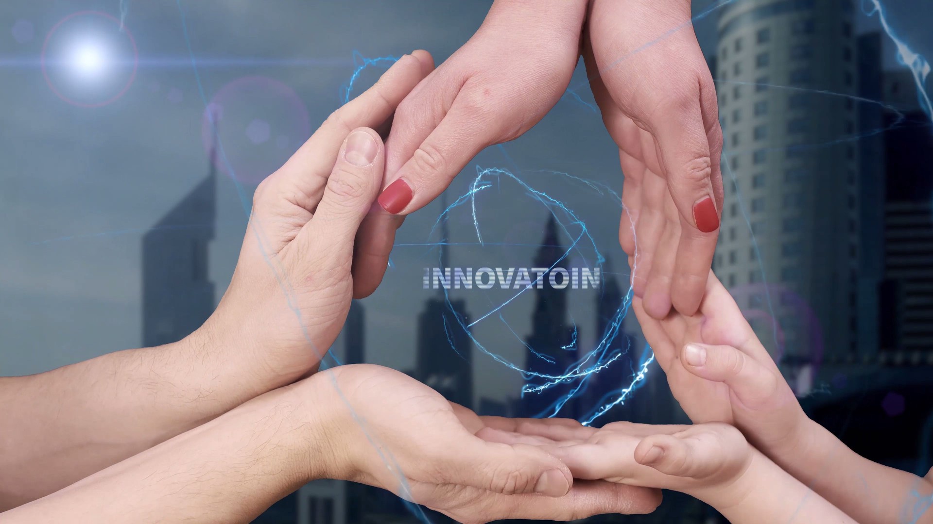 Men's, women's and children's hands show a hologram Innovation